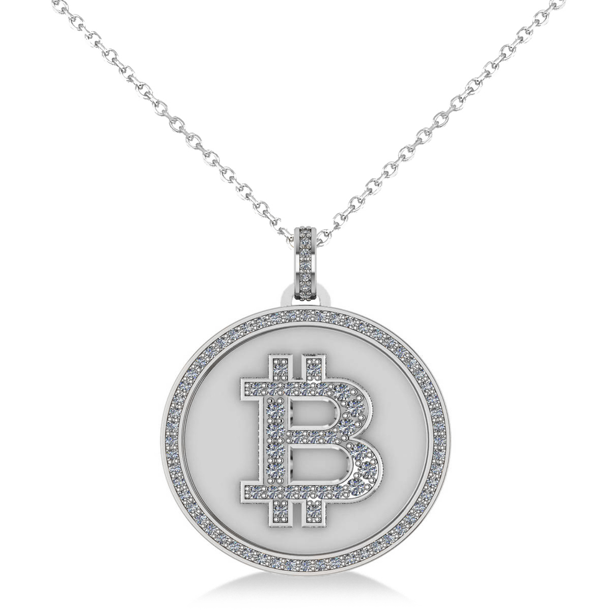 Small Diamond Bitcoin Pendant Necklace 18k White Gold (0.70ct)