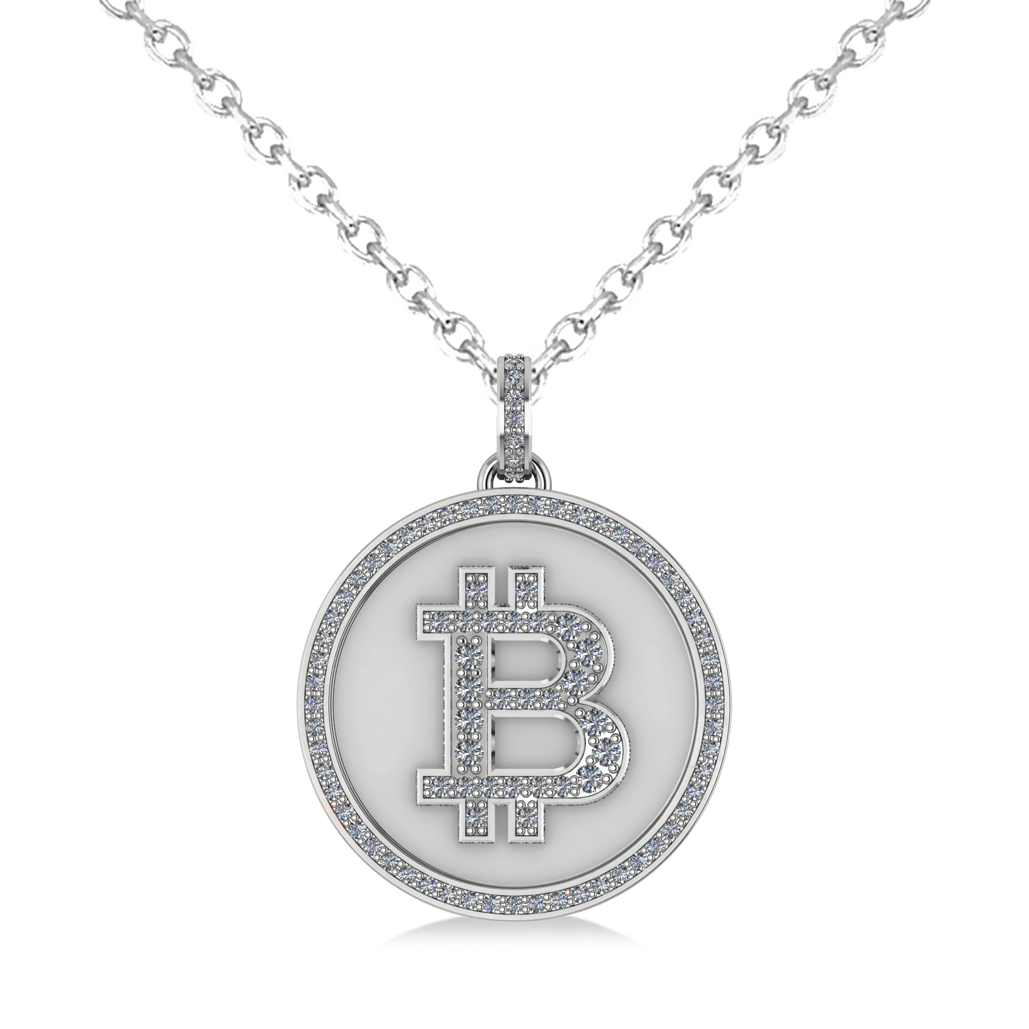 Large Diamond Bitcoin Pendant Necklace 18k White Gold (1.21ct)