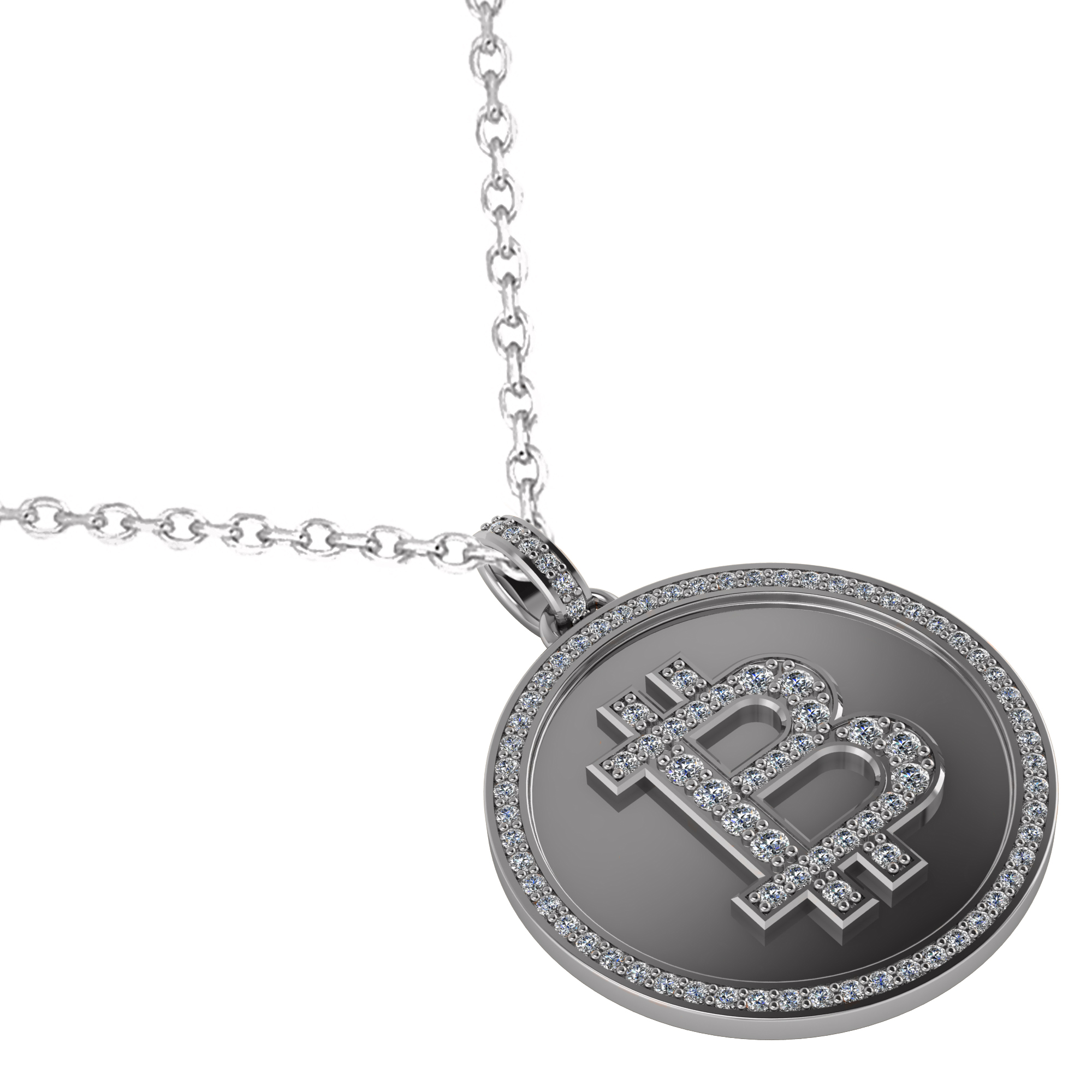 Large Diamond Bitcoin Pendant Necklace 18k White Gold (1.21ct)
