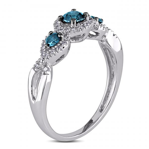 Blue & White Diamond Twisted Three Stone Ring 14k White Gold (0.50ct)
