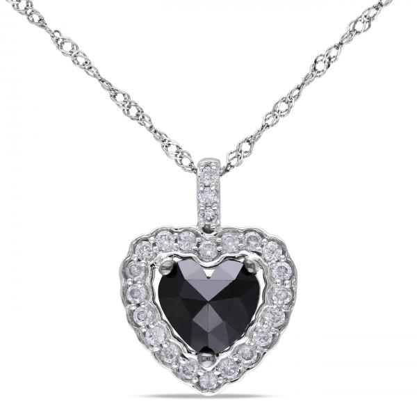Black & White Diamond Heart Pendant Necklace 14k White Gold 1.00ct