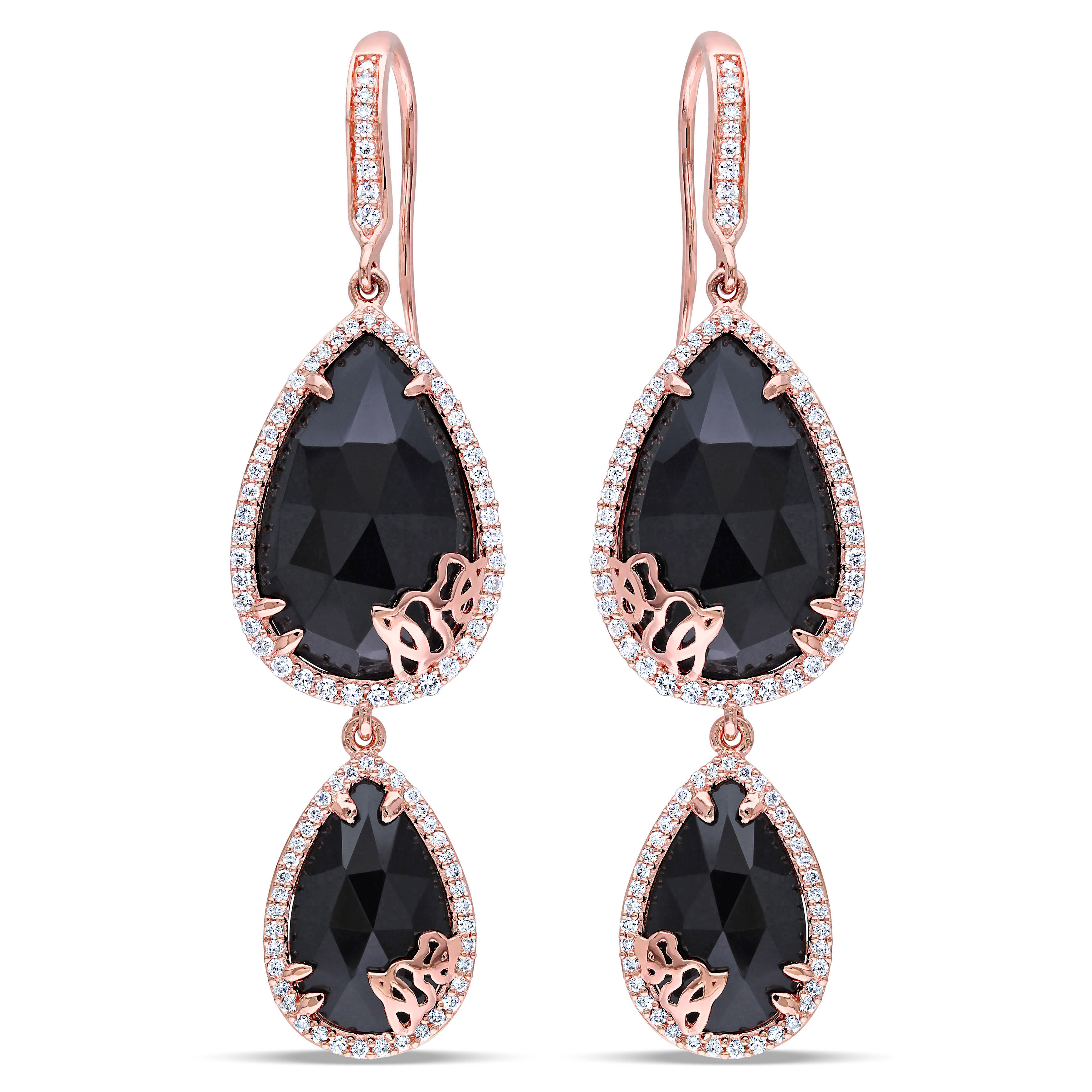 Pear Black Onyx & Diamond Dangle Earrings Pink Sterling Silver (17.95ct)