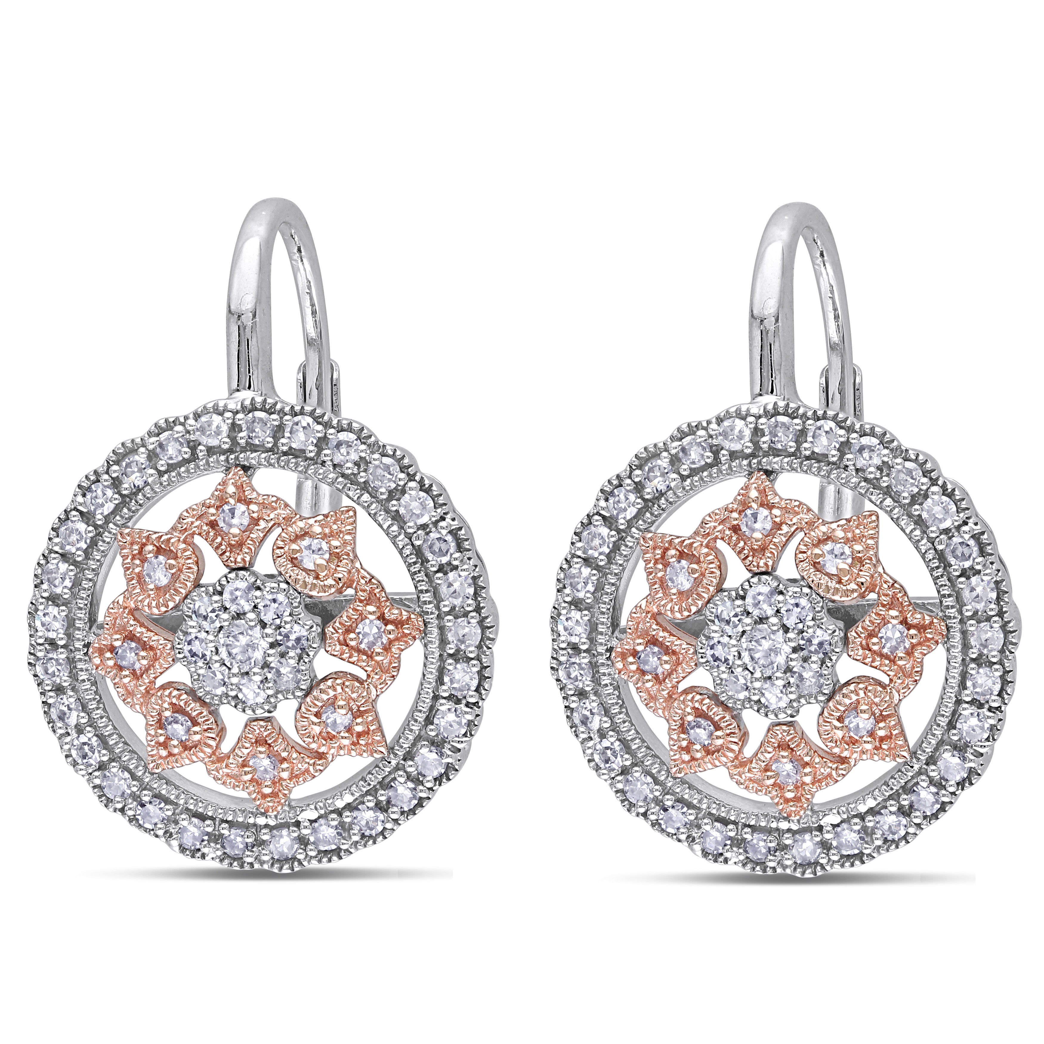 Diamond Circle Floral Leverback Earrings 14k Two Tone Gold (0.49ct)