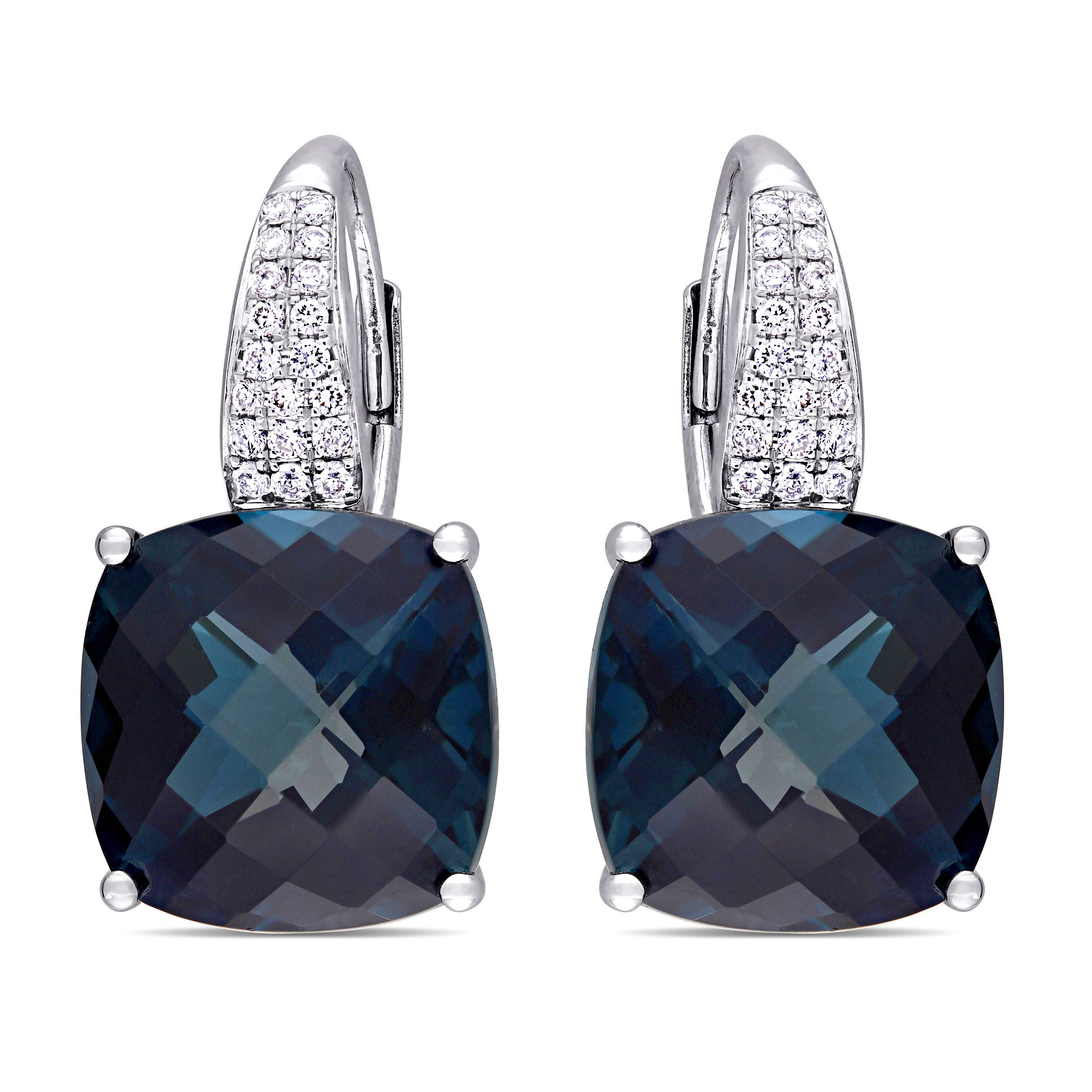 Cushion Blue Topaz & Diamond Earrings 14k White Gold (20.20ct)