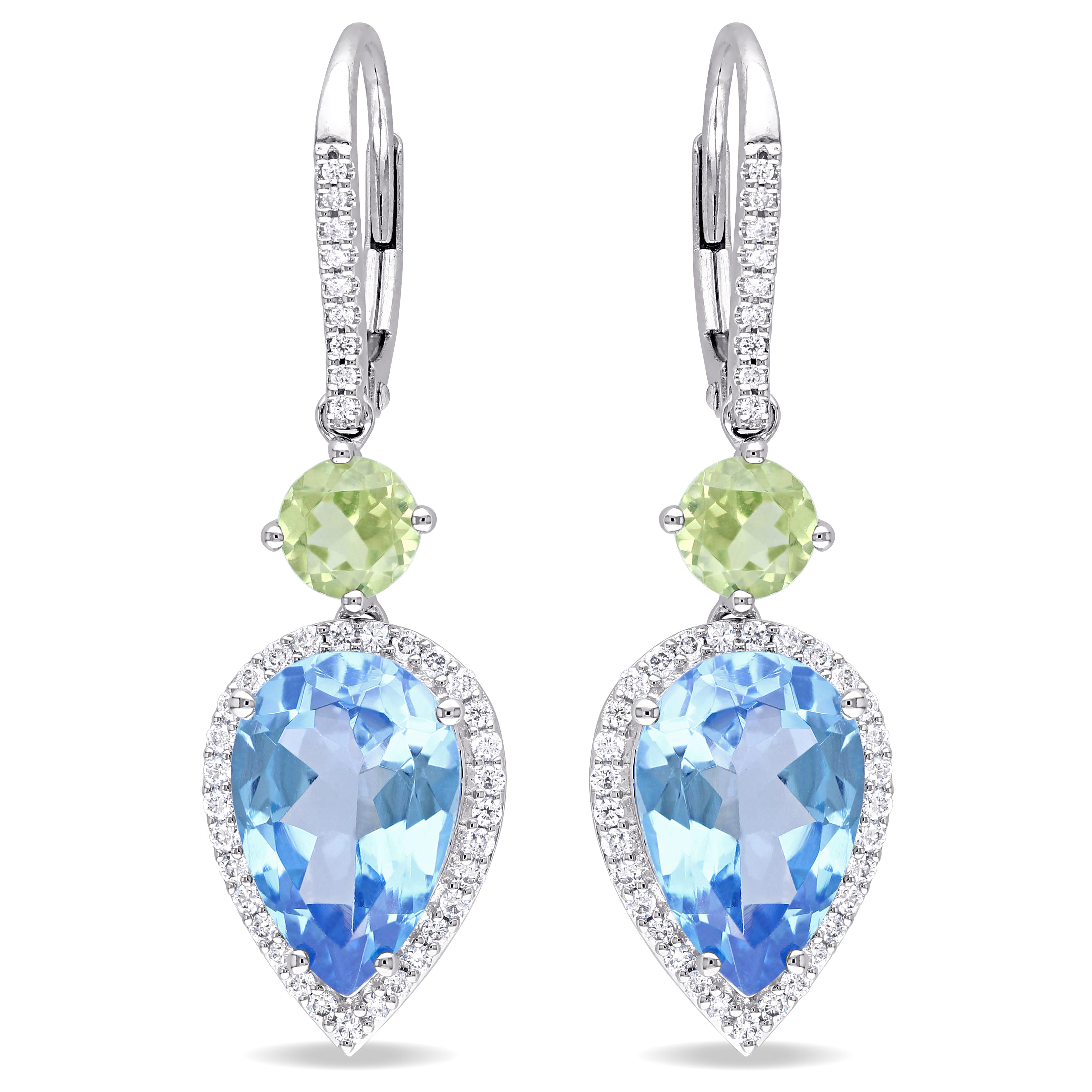 Pear Blue Topaz Peridot & Diamond Earrings 14K White Gold (8.79ct)