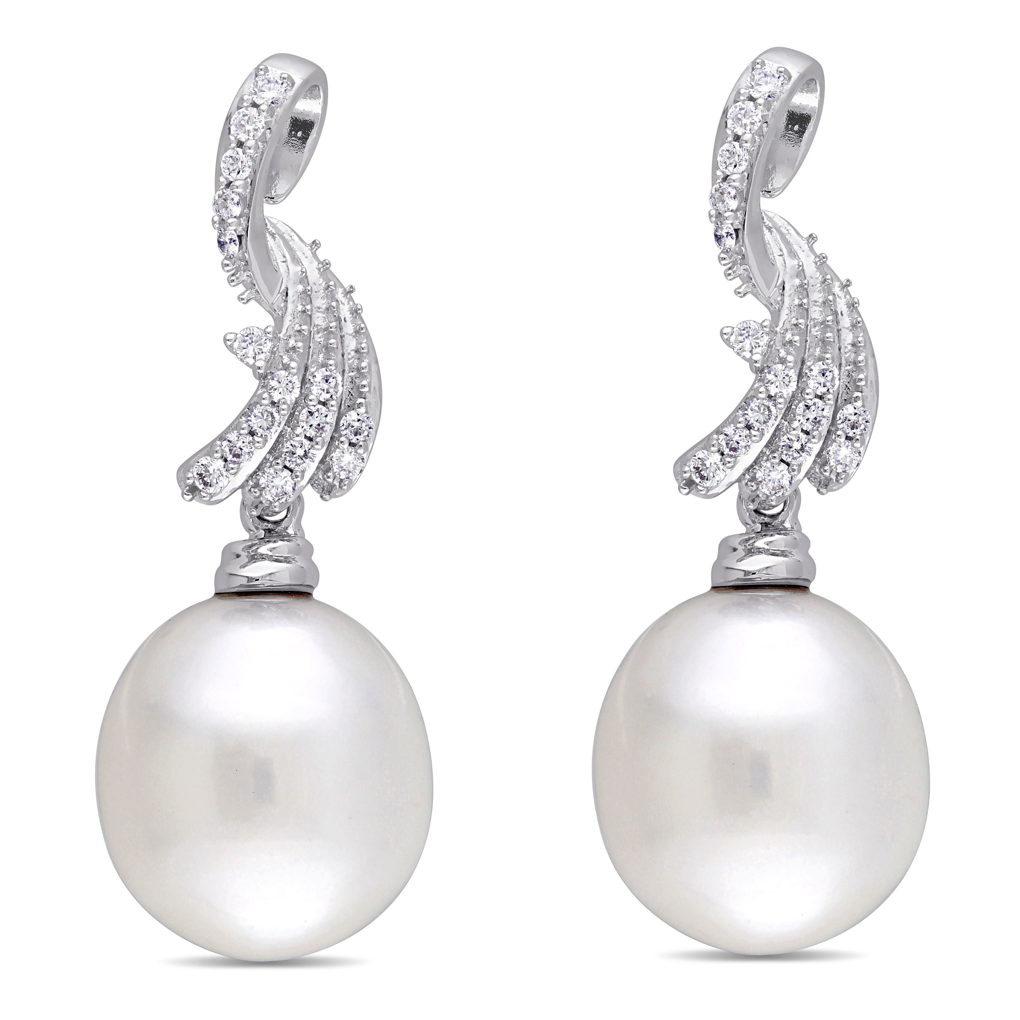 Drop Pearl & Diamond Dangle Earrings 14k White Gold (0.25ct)