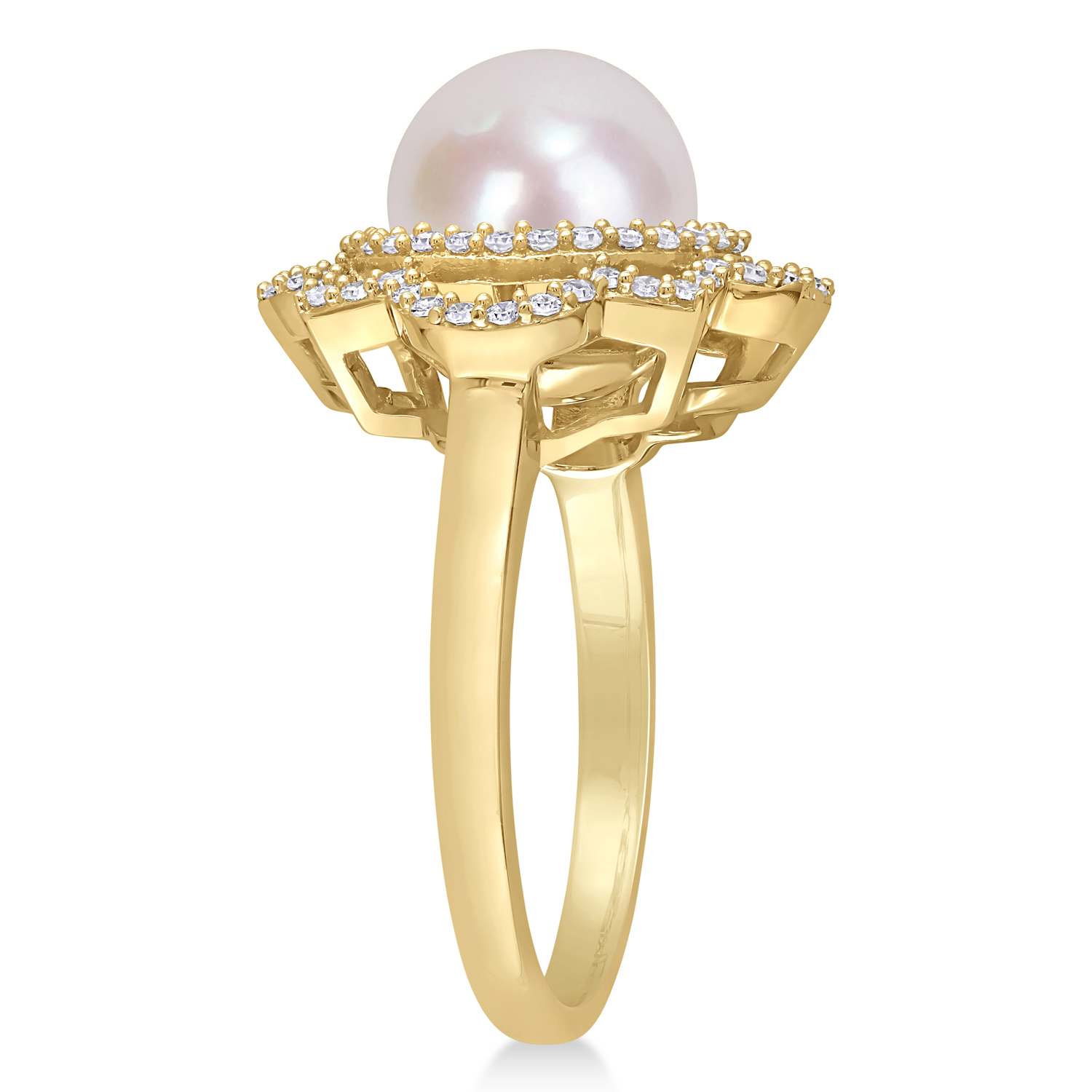 Round Freshwater Cultured White Pearl and Diamond Ring 14k Yellow Gold (0.375 ct)