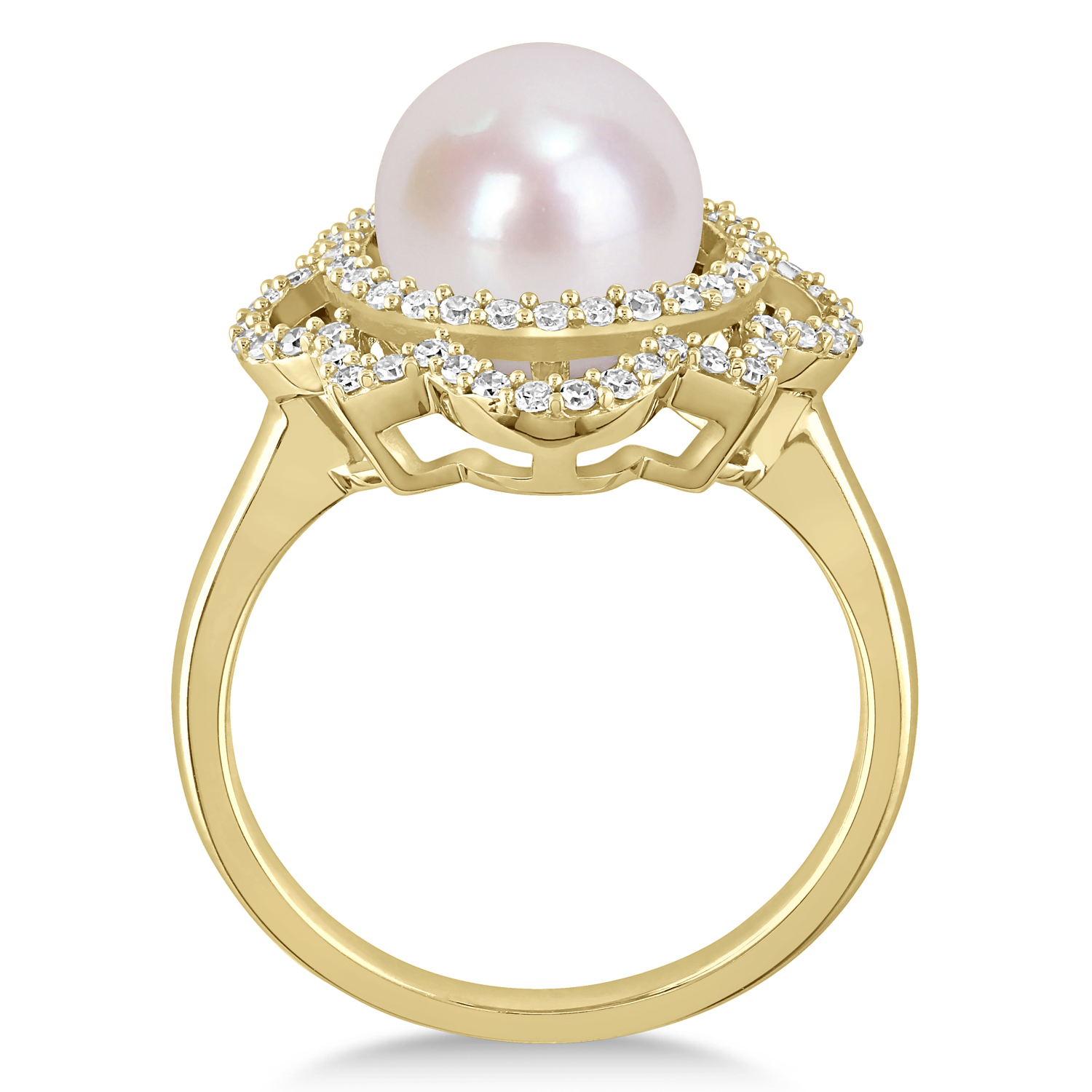 Round Freshwater Cultured White Pearl and Diamond Ring 14k Yellow Gold (0.375 ct)