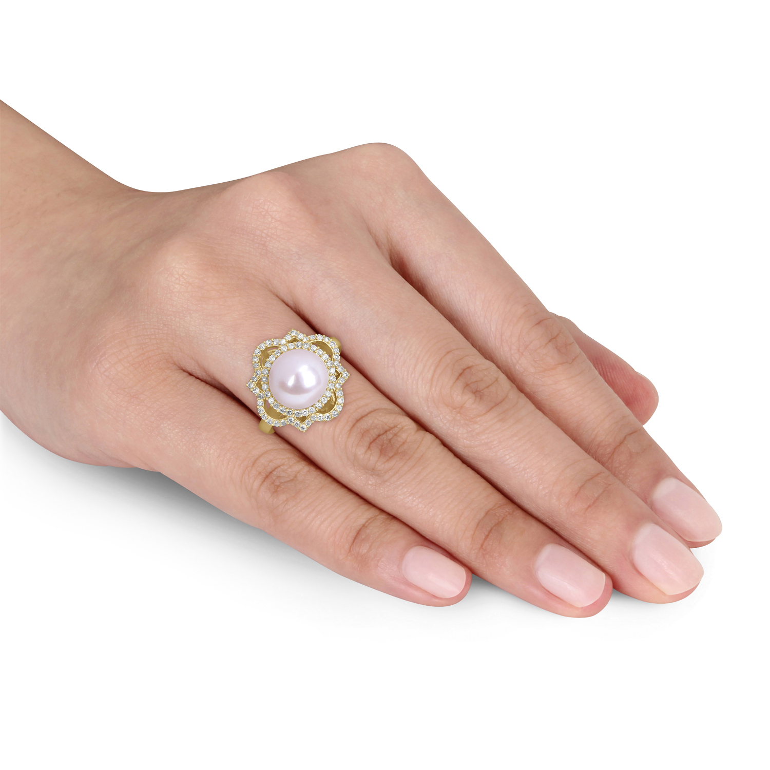 Round Freshwater Cultured White Pearl and Diamond Ring 14k Yellow Gold (0.375 ct)