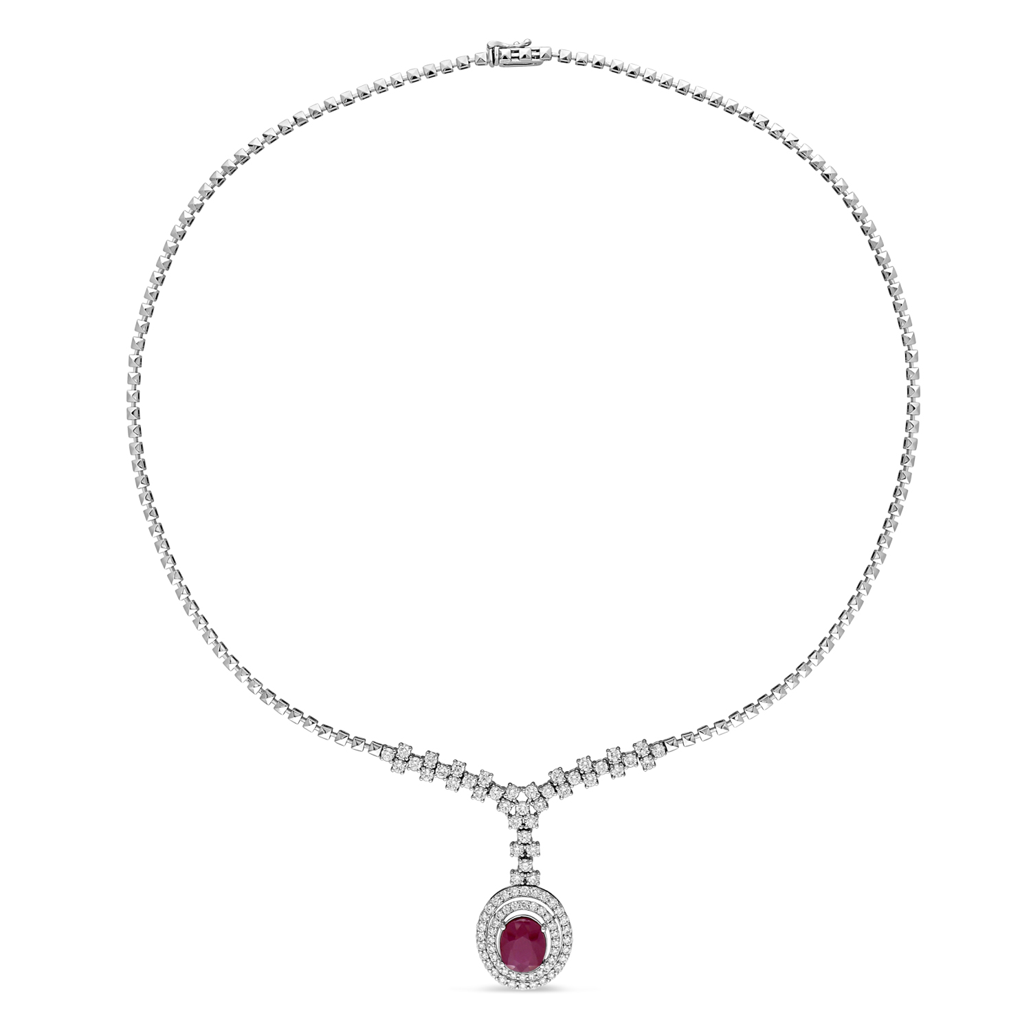 Oval Ruby & Round Diamond Pendant Necklace 14k White Gold (6.50 ct )