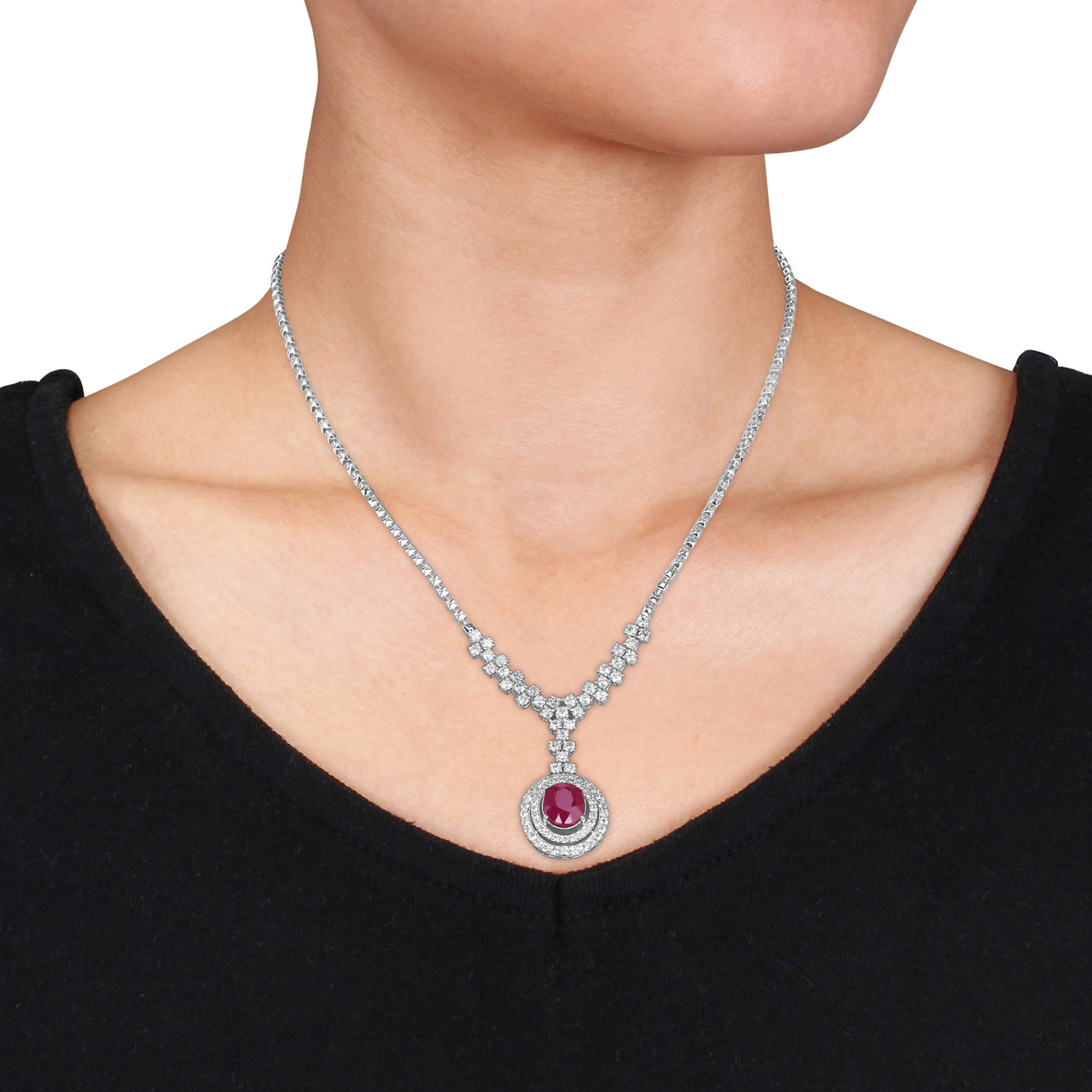 Oval Ruby & Round Diamond Pendant Necklace 14k White Gold (6.50 ct )