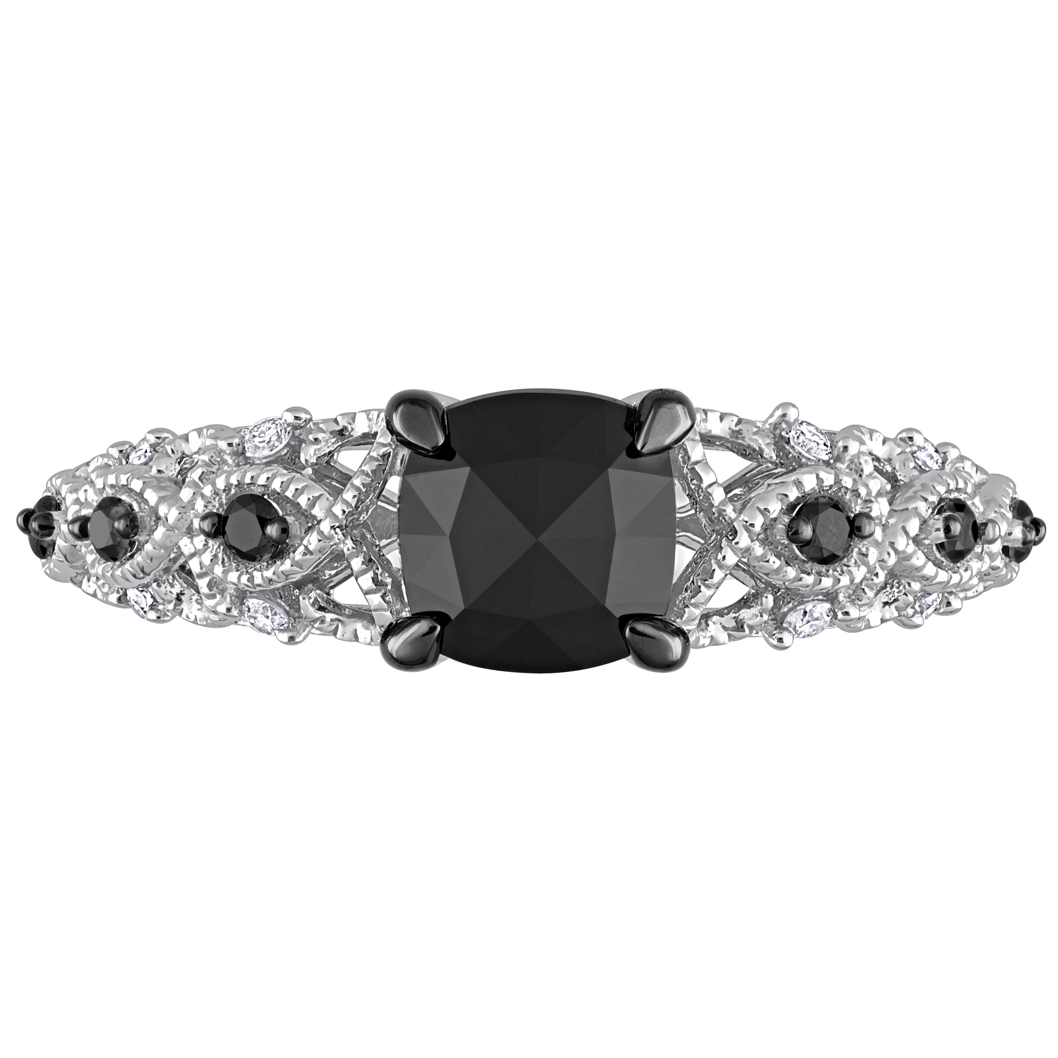 Cushion Black & Round White Diamond Fashion Ring 14k W. Gold (1.13ct)
