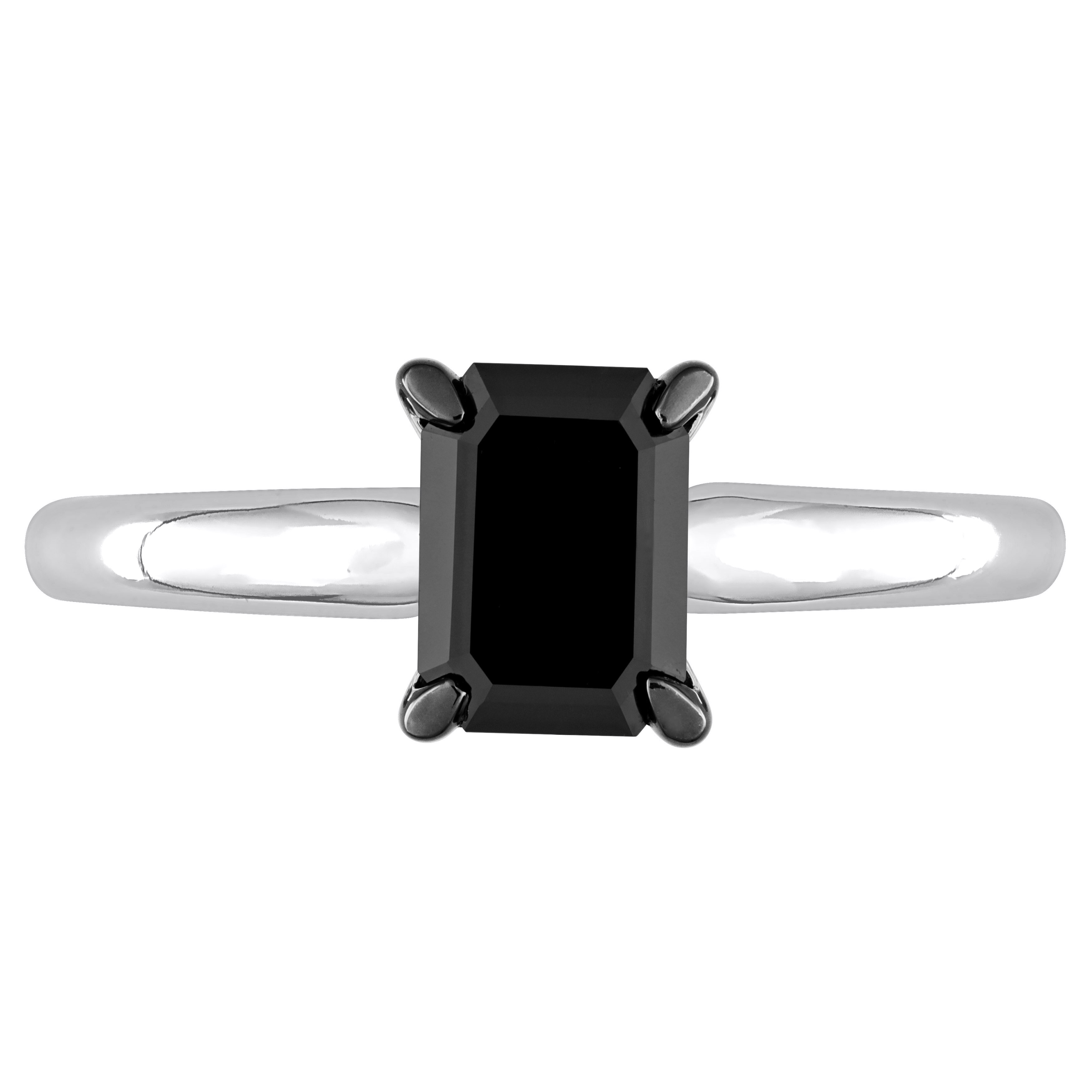 Emerald Cut Black Diamond Solitaire Ring in 14k White Gold (1.00ct)