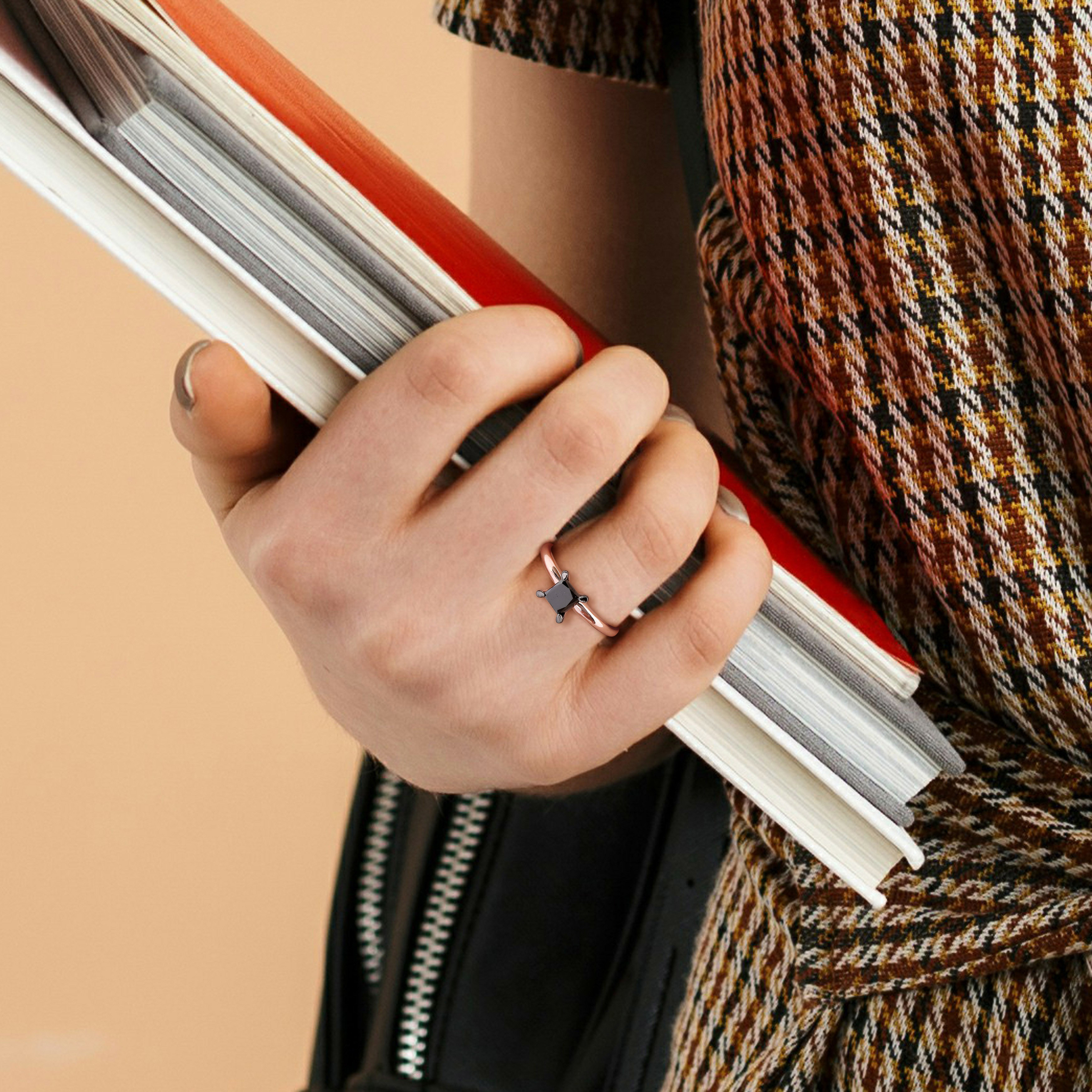 Princess Cut Black Diamond Solitaire Ring in 14k Rose Gold (1.00ct)