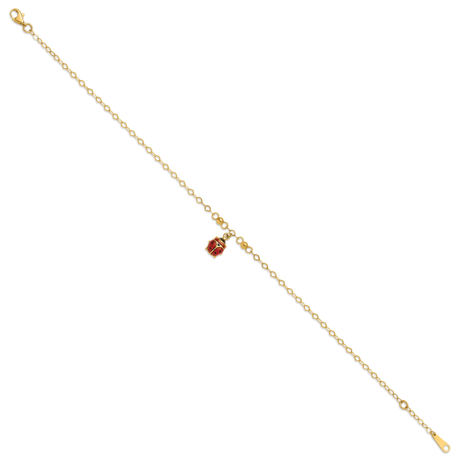 Enameled Ladybug 9inch with 1inch Extension Anklet Bracelet in 14k Gold