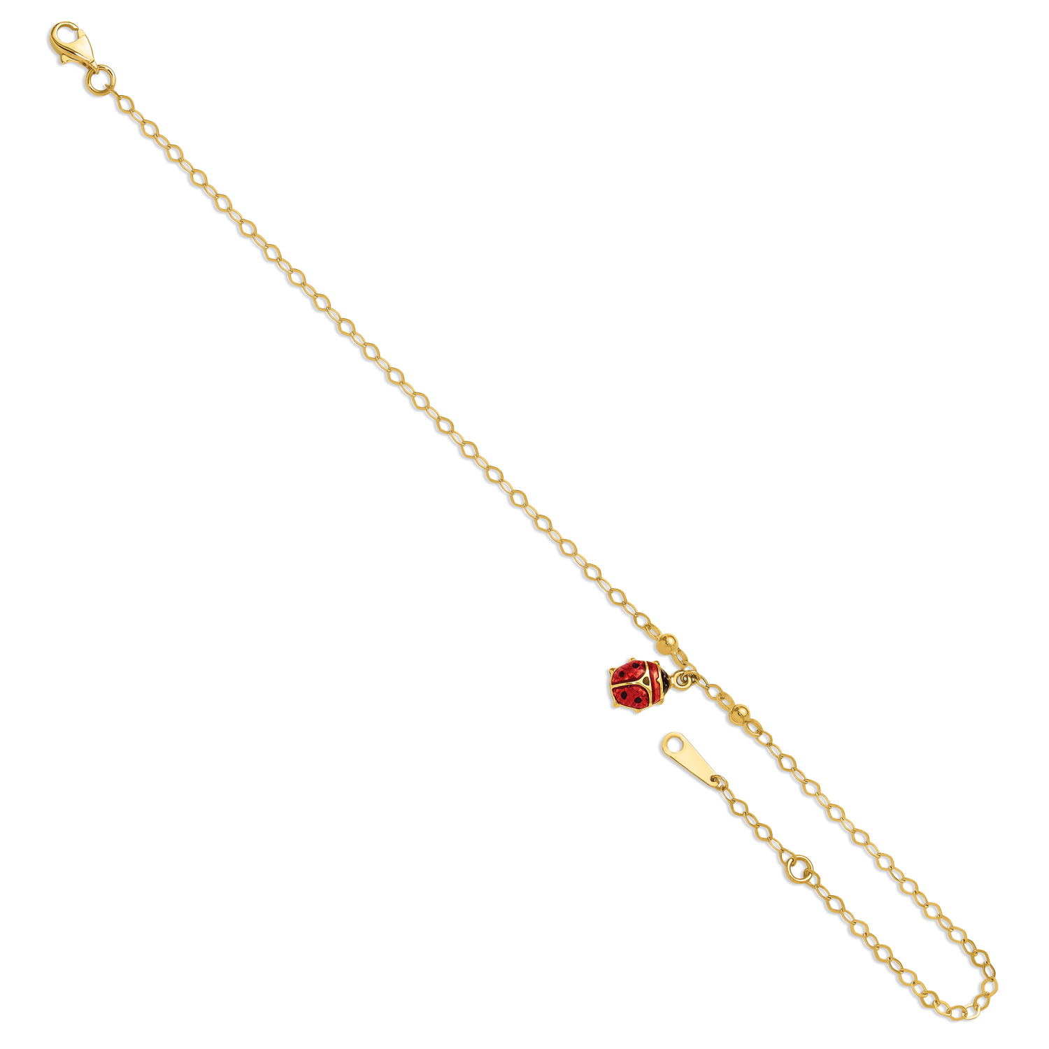 Enameled Ladybug 9inch with 1inch Extension Anklet Bracelet in 14k Gold