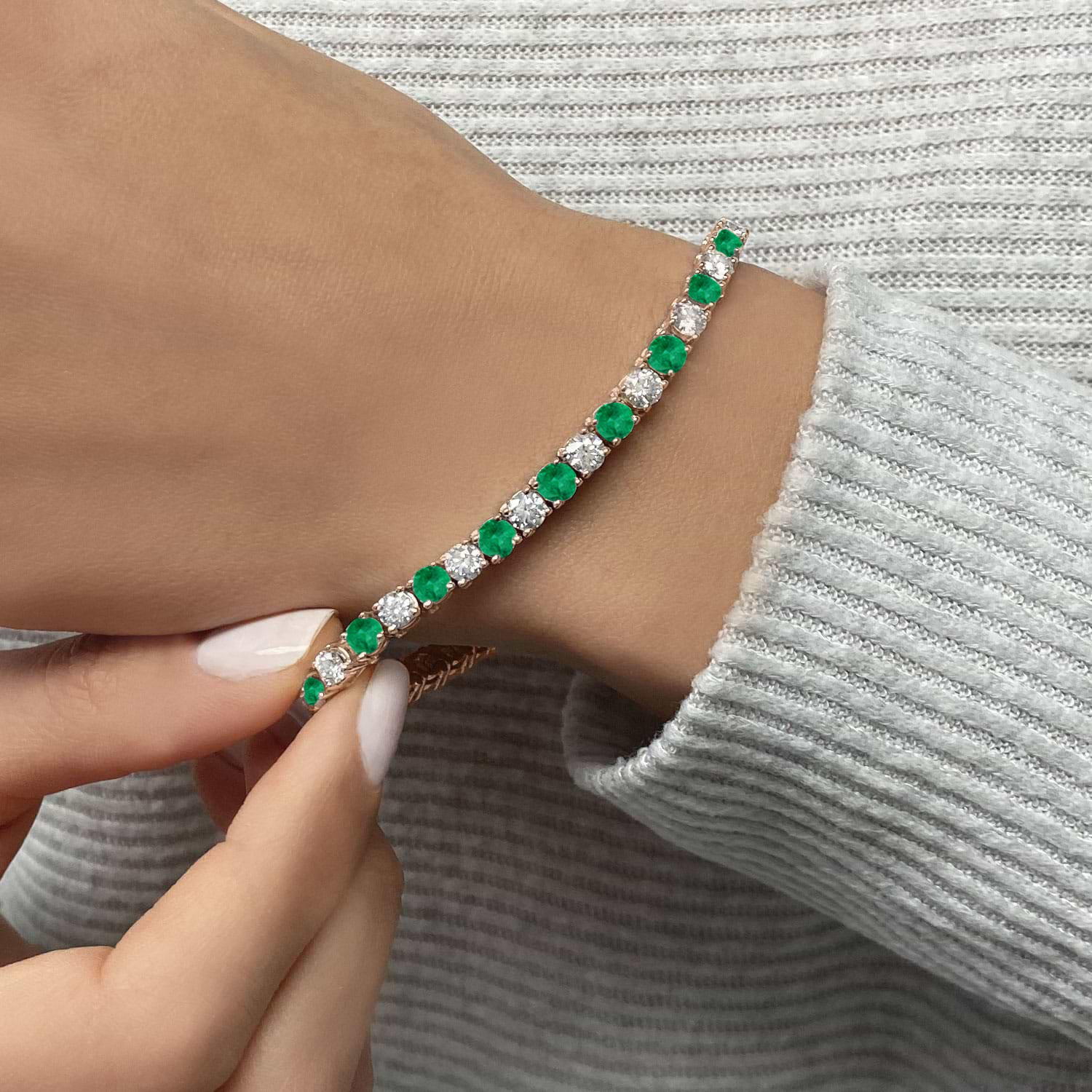 Alternating Diamond & Emerald Eternity Tennis Bracelet 14K Rose Gold (8.37ct)