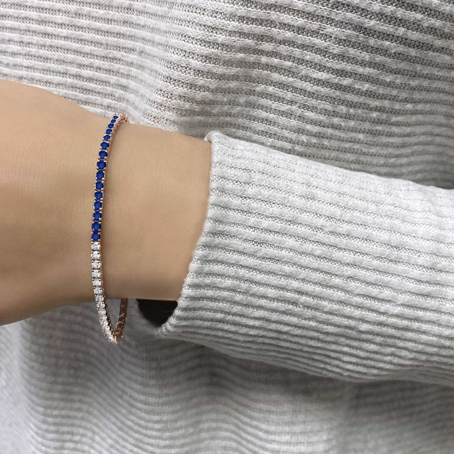 Lab Grown Diamond & Blue Sapphire Eternity Tennis Bracelet 14K Rose Gold (4.29ct)