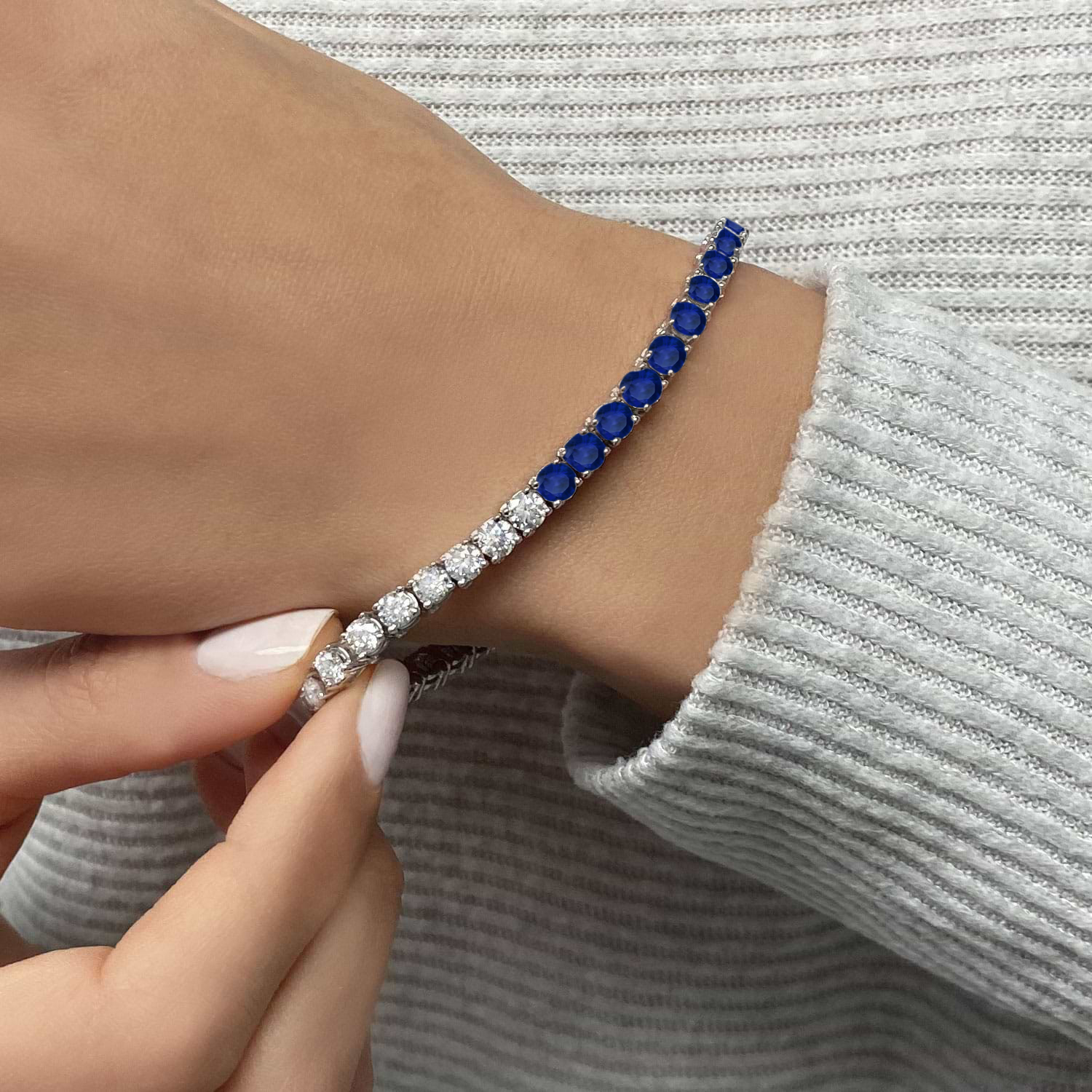Lab Grown Diamond & Blue Sapphire Eternity Tennis Bracelet 14K White Gold (7.90ct)