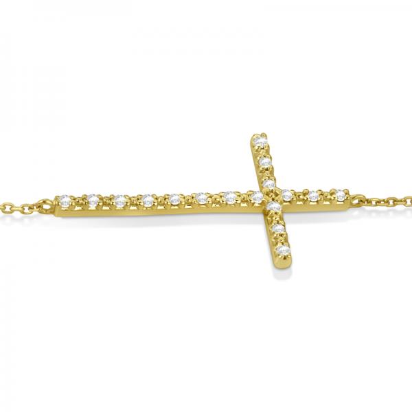 Sideways Cross Chain Bracelet & Diamond Accents 14k Yellow Gold 0.20ct