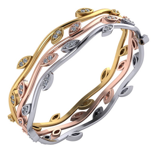 Stackable Diamond Vine Leaf Bangle Bracelet 14k Rose Gold (0.72ct)