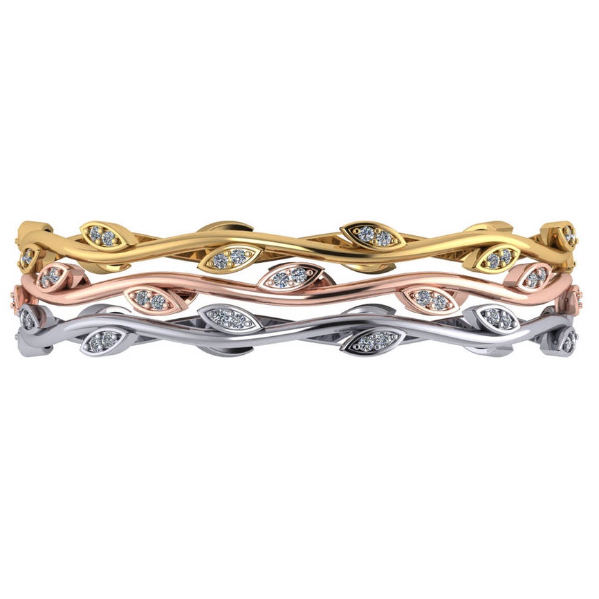 Stackable Diamond Vine Leaf Bangle Bracelet 14k Rose Gold (0.72ct)