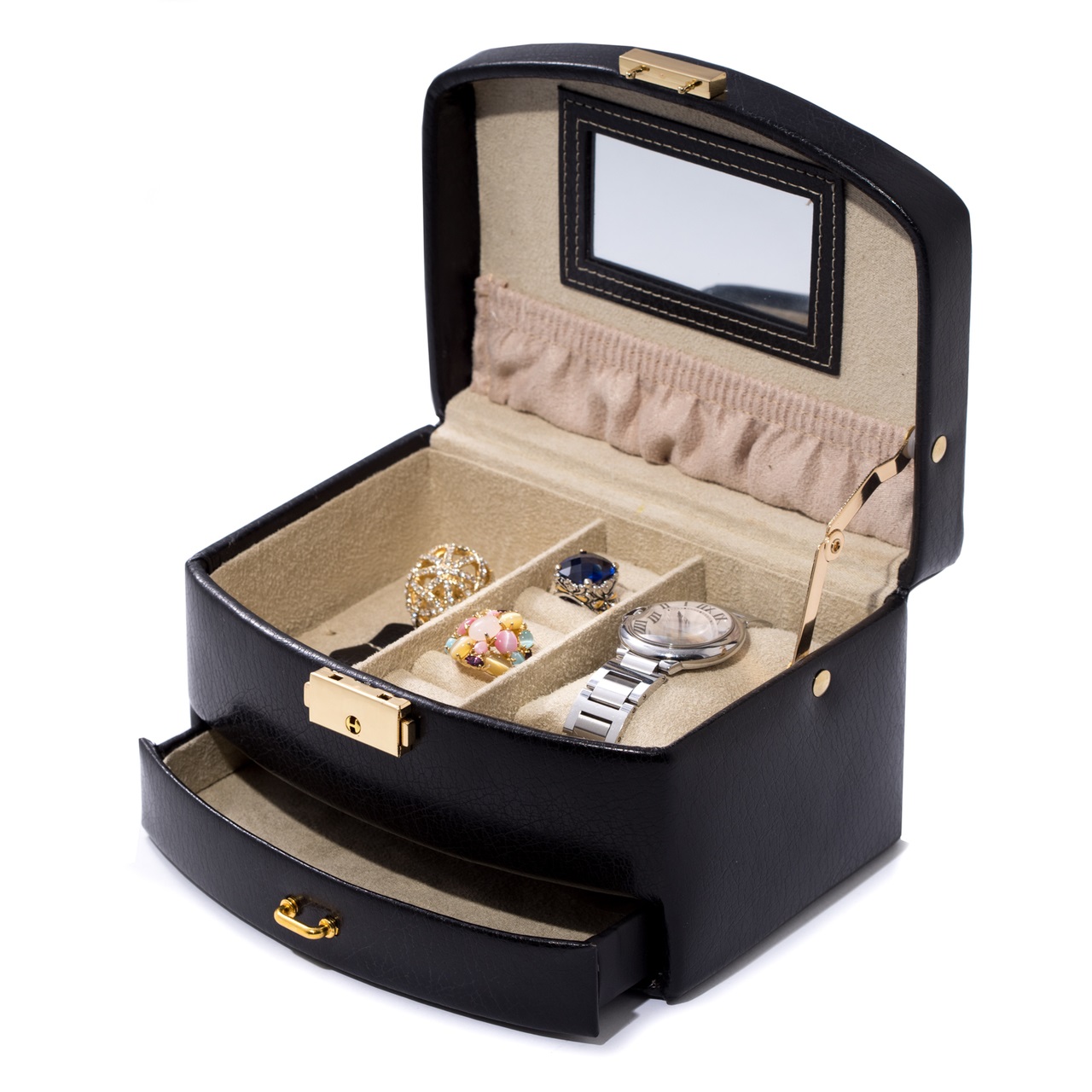 Black Leather 2 Level Jewelry Case w/ Drawer and Mirror