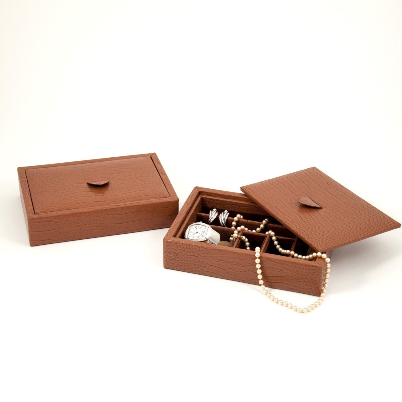 Croco Leather Valet Tray with Multi Compartments and Lid