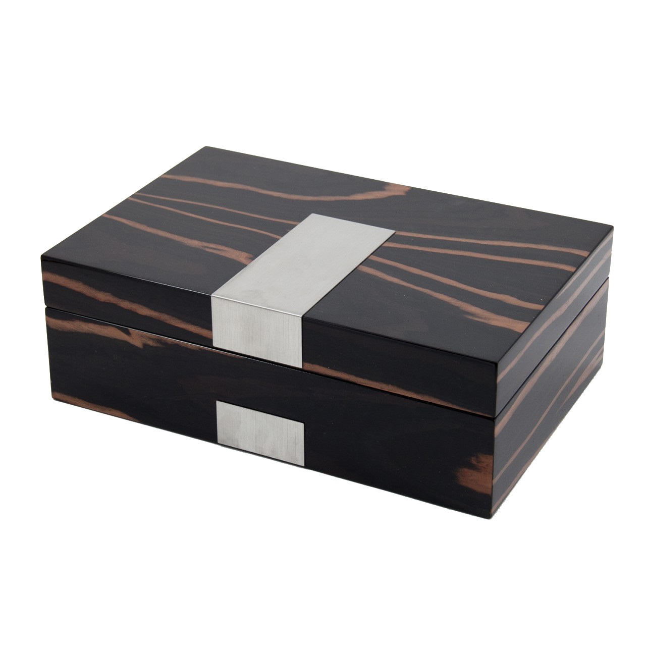 Ebony 4 Watch & 9 Cufflink Wood Valet Box w/ Stainless Steel Accent