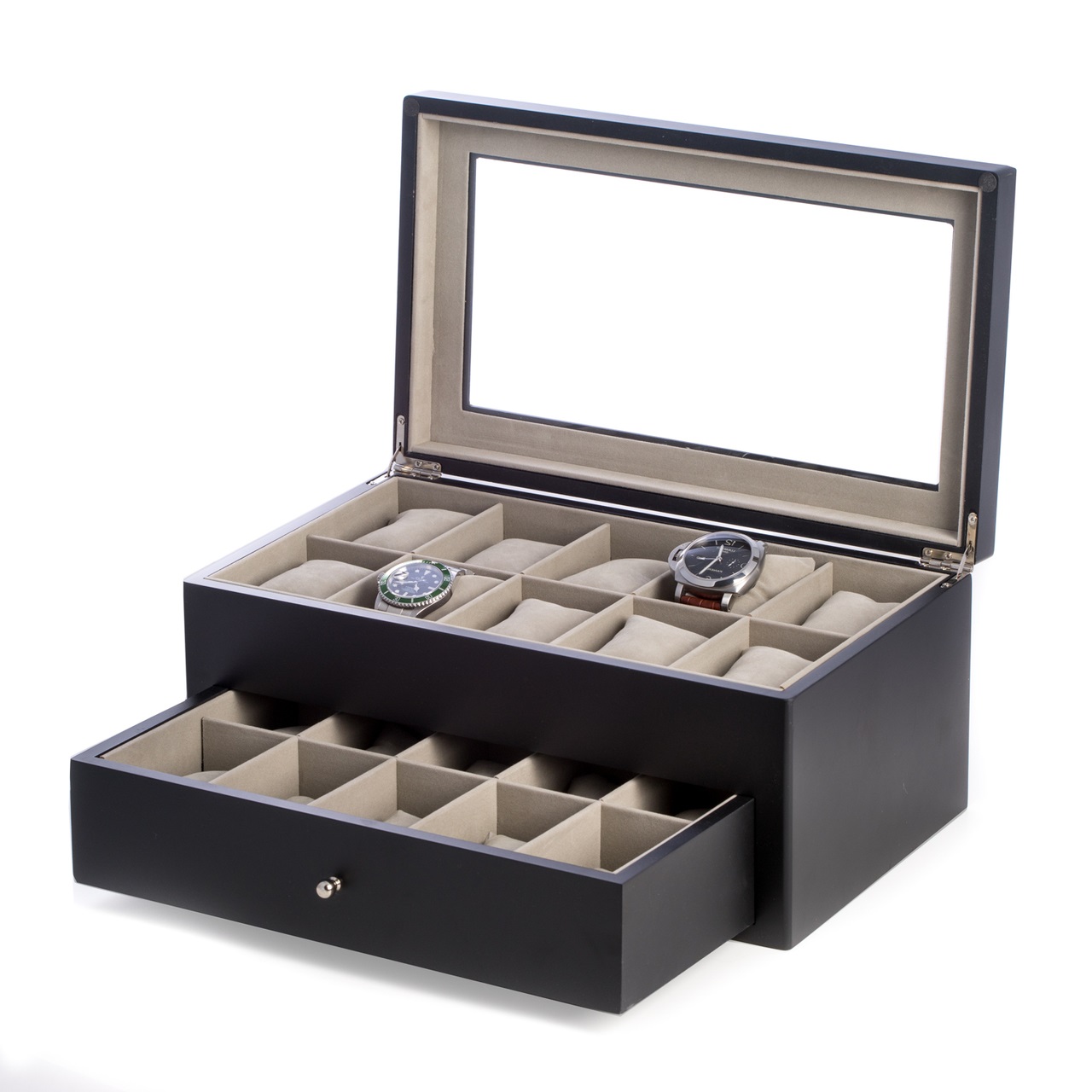Matte Wood 20 Watch Box w/ Glass Top & Drawer & Pillows