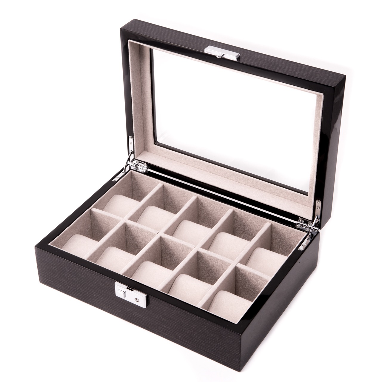 Steel Gray Wood 10 Watch Case w/ Glass Top and Silver Accents