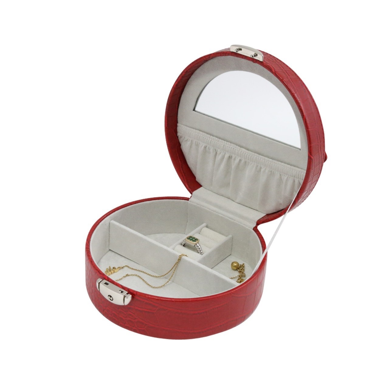 Red Leatherette Jewelry Box w/ Slots for Rings and Locking Clasp