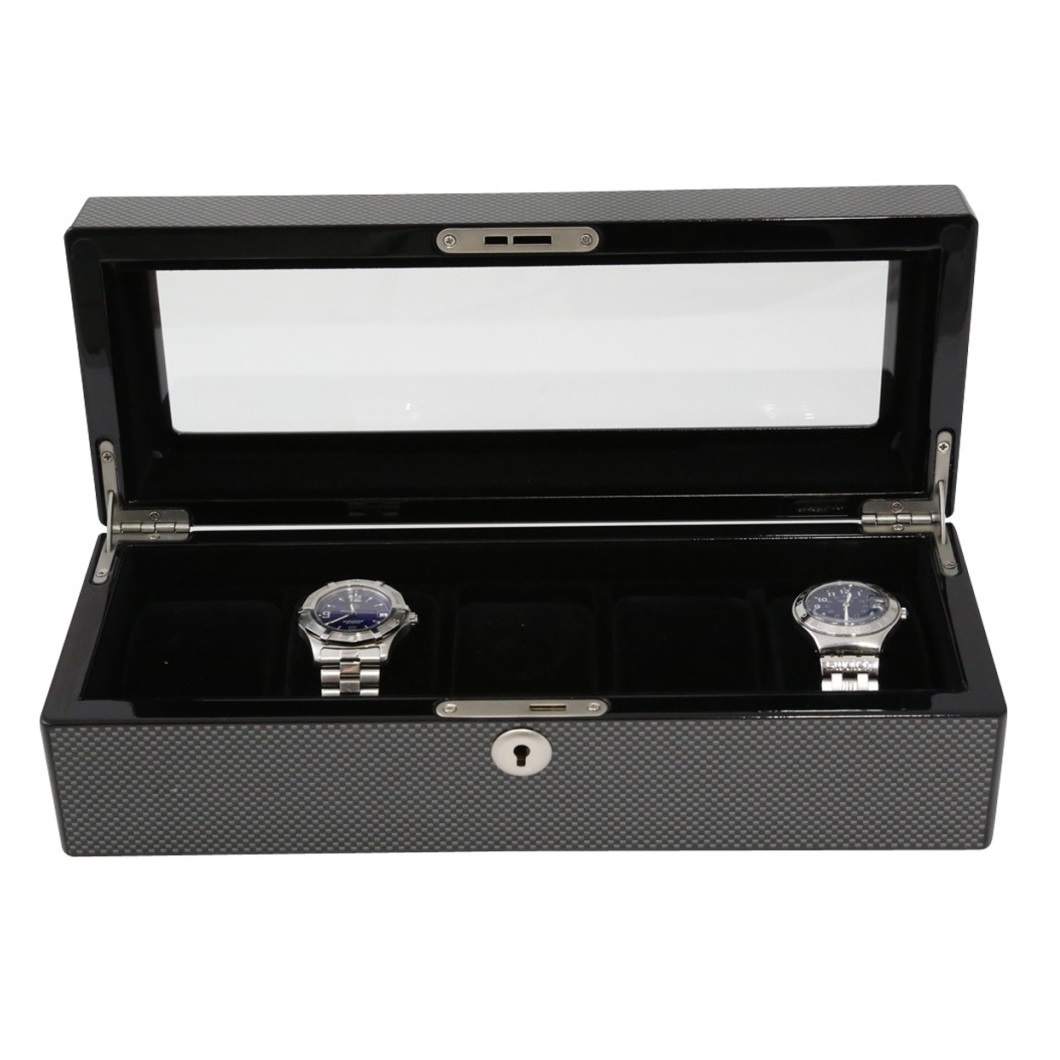 Carbon Fiber Steel Gray 5 Watch Case w/ See-thru Glass Top