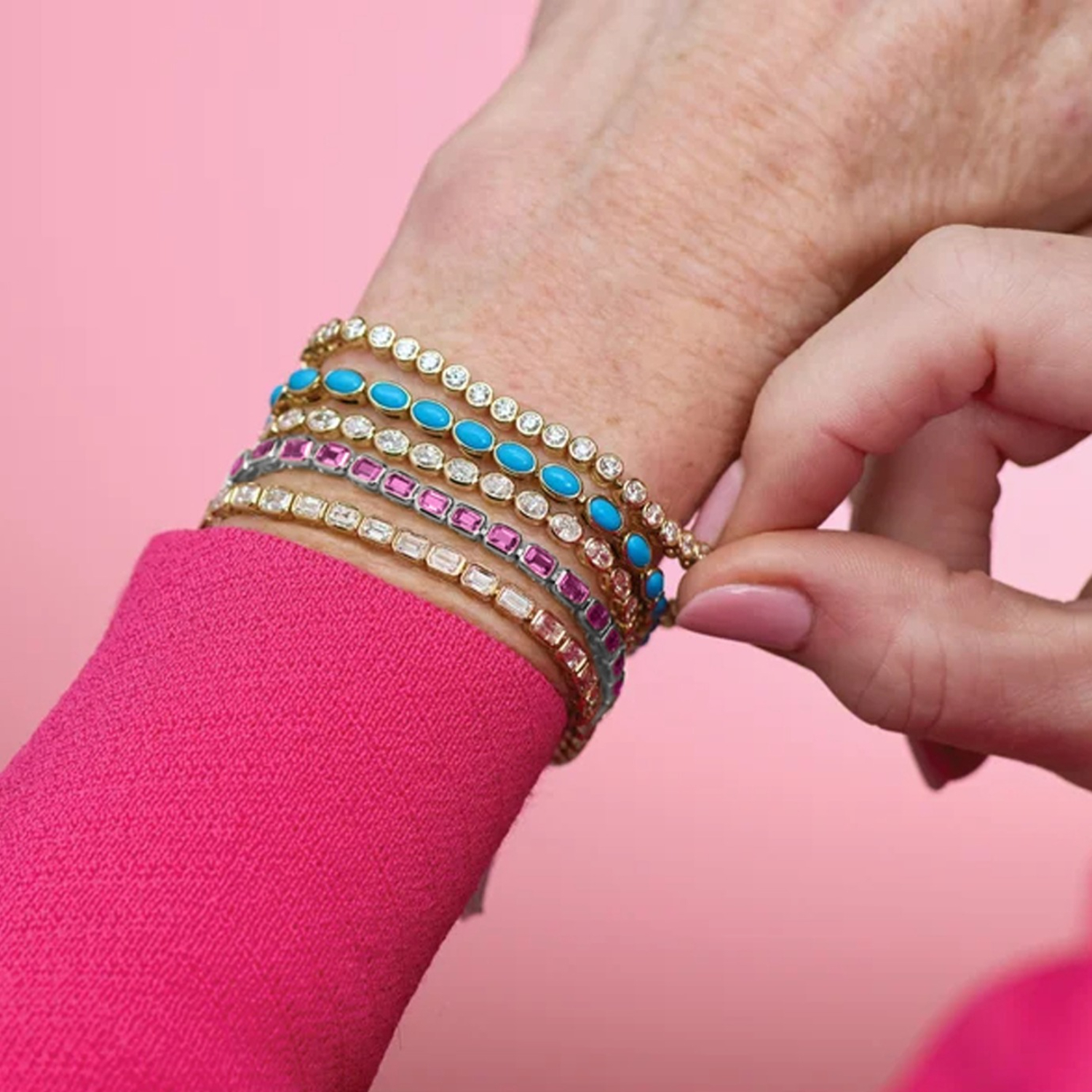 Emerald Cut Pink Tourmaline Tennis Bracelet 14K White Gold (8.58ct)