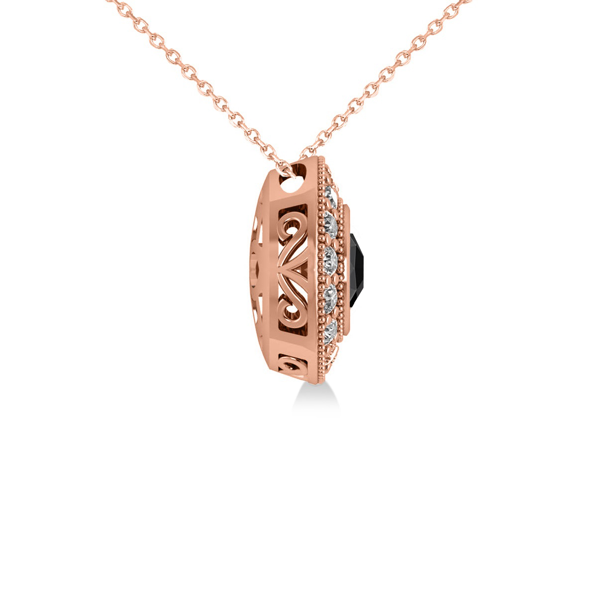 Round Black Diamond & Diamond Halo Pendant Necklace 14k Rose Gold (1.45ct)