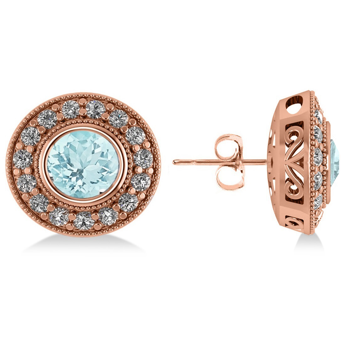 Aquamarine & Diamond Halo Round Earrings 14k Rose Gold (3.52ct)