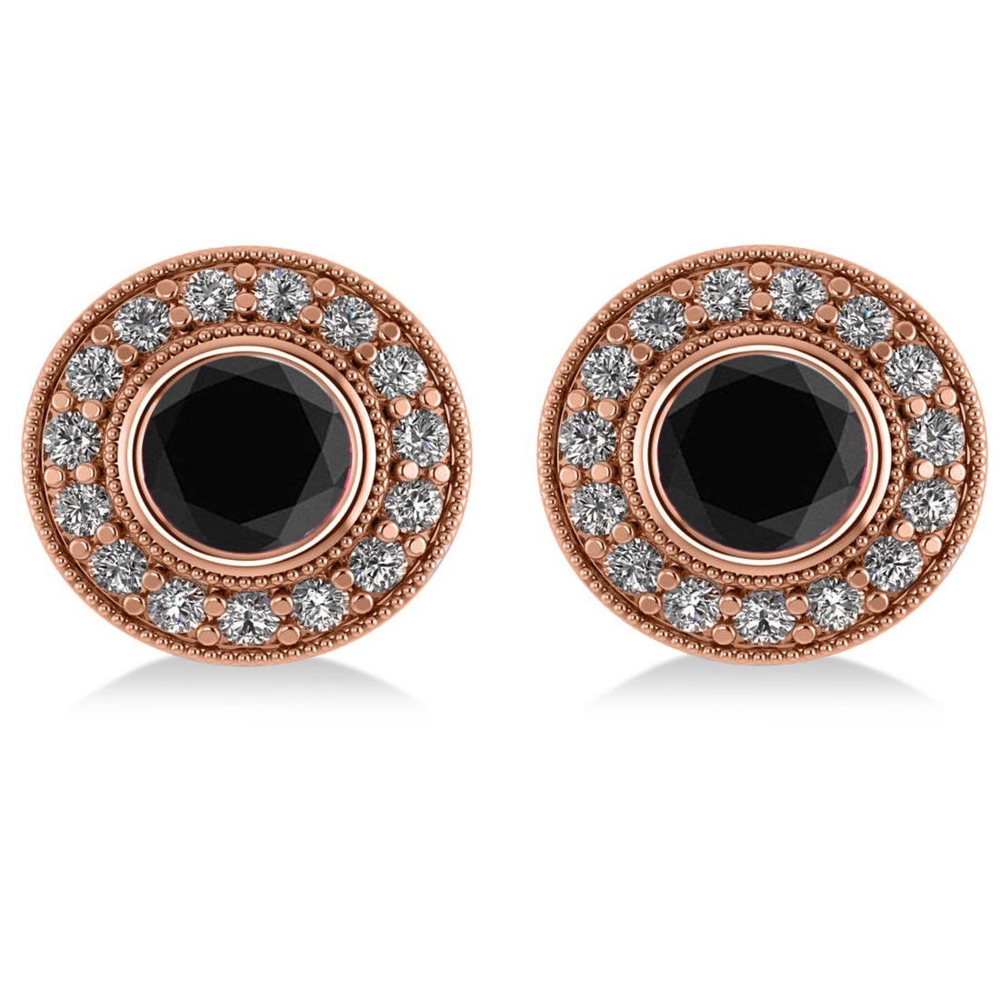 Black Diamond & Diamond Halo Round Earrings 14k Rose Gold (2.90ct)