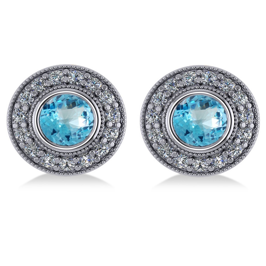 Blue Topaz & Diamond Halo Round Earrings 14k White Gold (3.62ct)