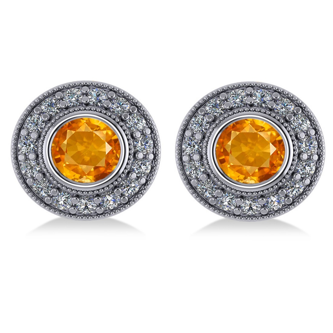 Citrine & Diamond Halo Round Earrings 14k White Gold (3.10ct)