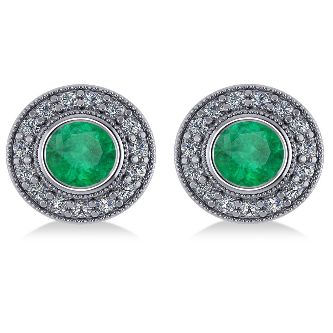 Emerald & Diamond Halo Round Earrings 14k White Gold (3.42ct)