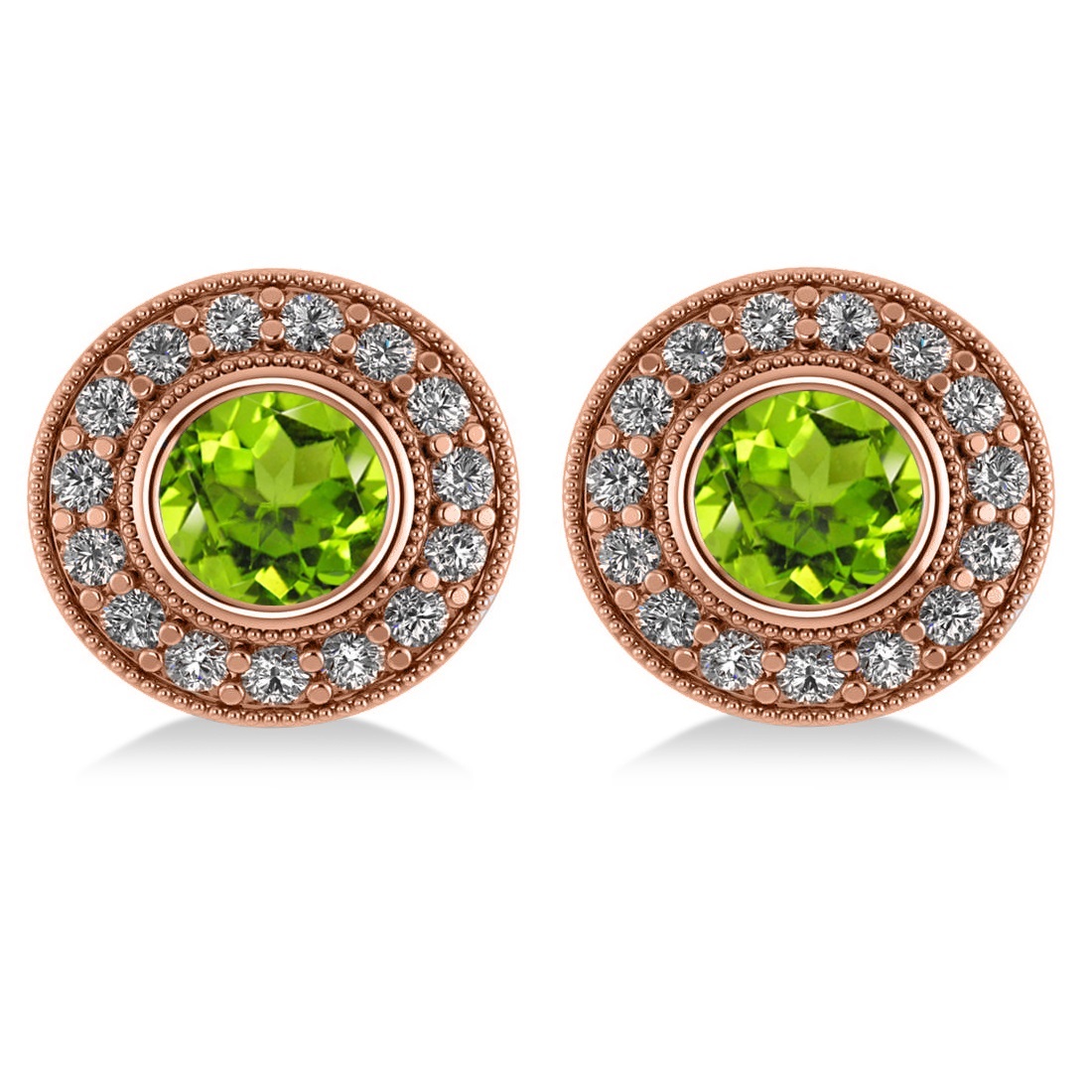 Peridot & Diamond Halo Round Earrings 14k Rose Gold (3.12ct)