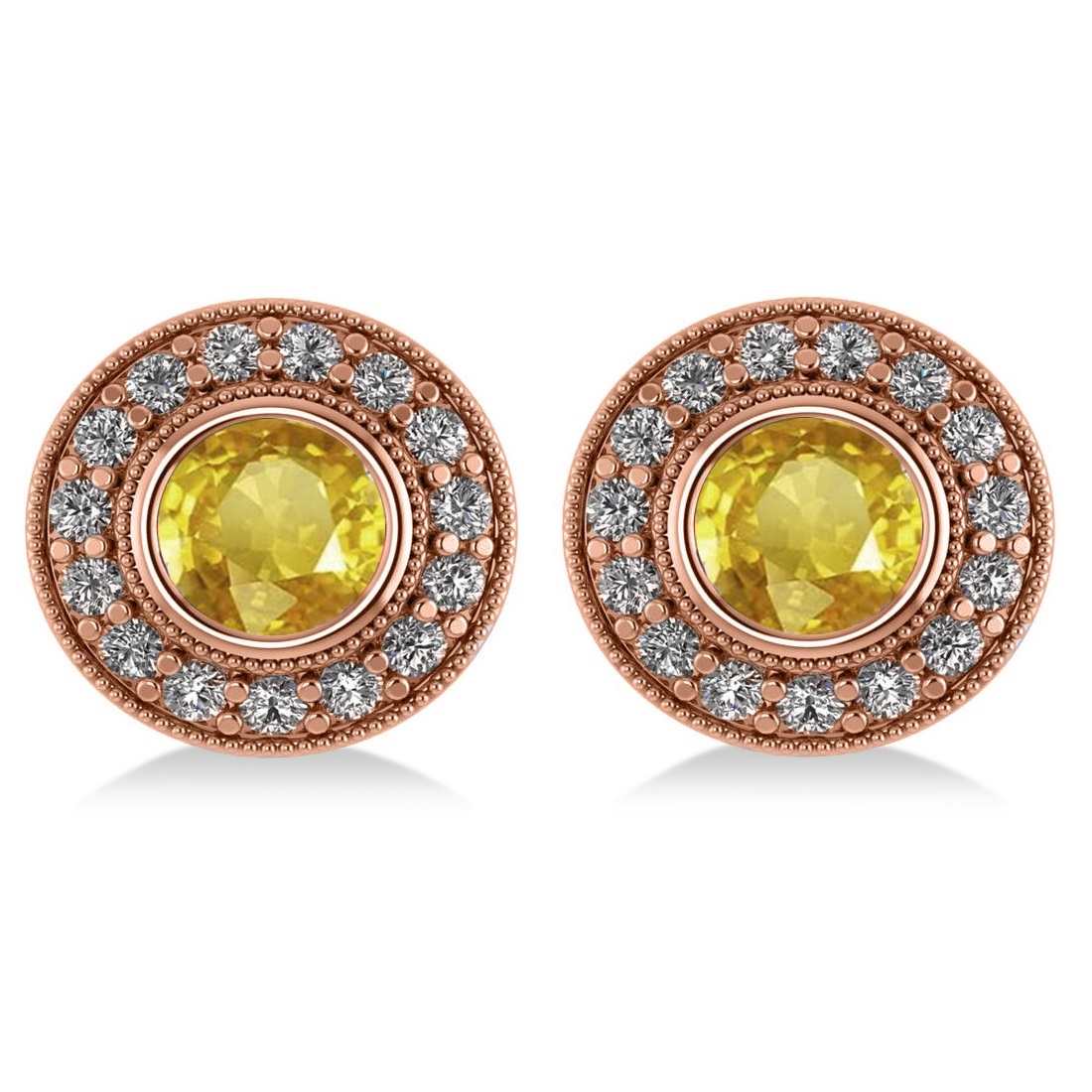 Yellow Sapphire & Diamond Halo Round Earrings 14k Rose Gold (3.72ct)