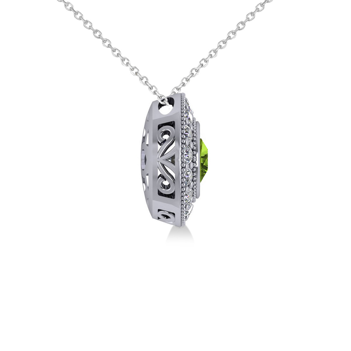 Round Peridot & Diamond Halo Pendant Necklace 14k White Gold (1.56ct)