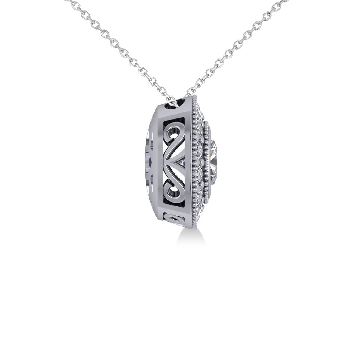Diamond Halo Cushion Pendant Necklace 14k White Gold (1.26ct)