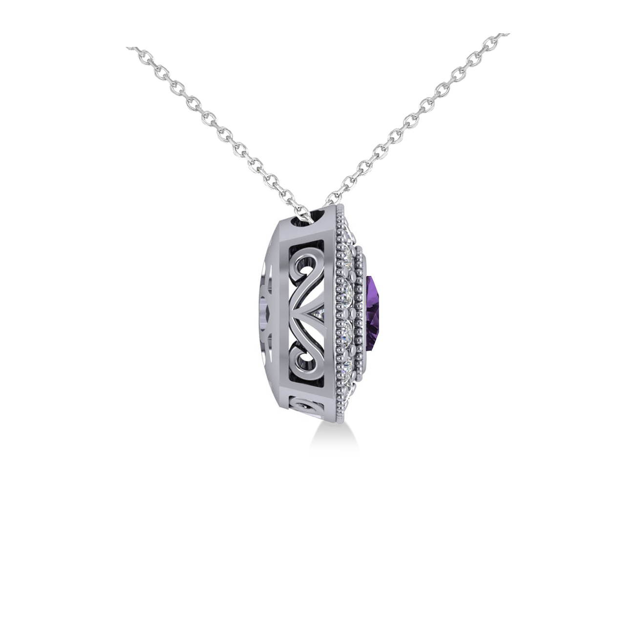 Amethyst & Diamond Halo Cushion Pendant Necklace 14k White Gold (1.27ct)