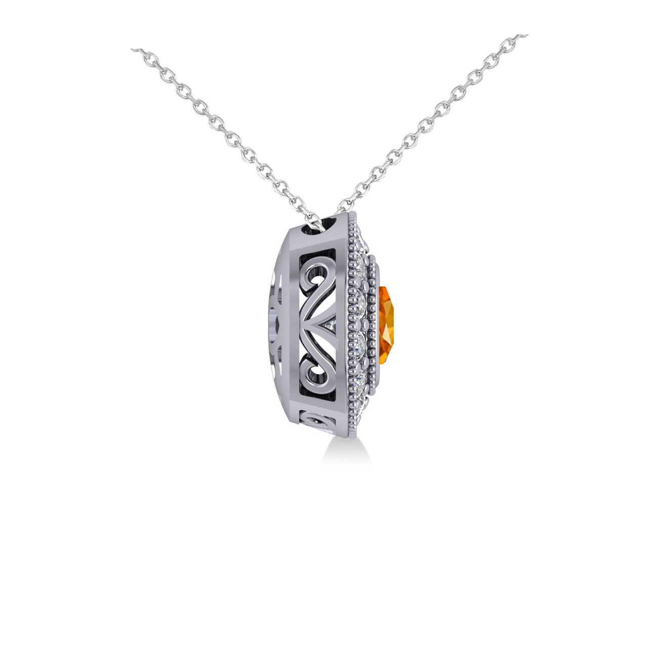 Citrine & Diamond Halo Cushion Pendant Necklace 14k White Gold (1.27ct)
