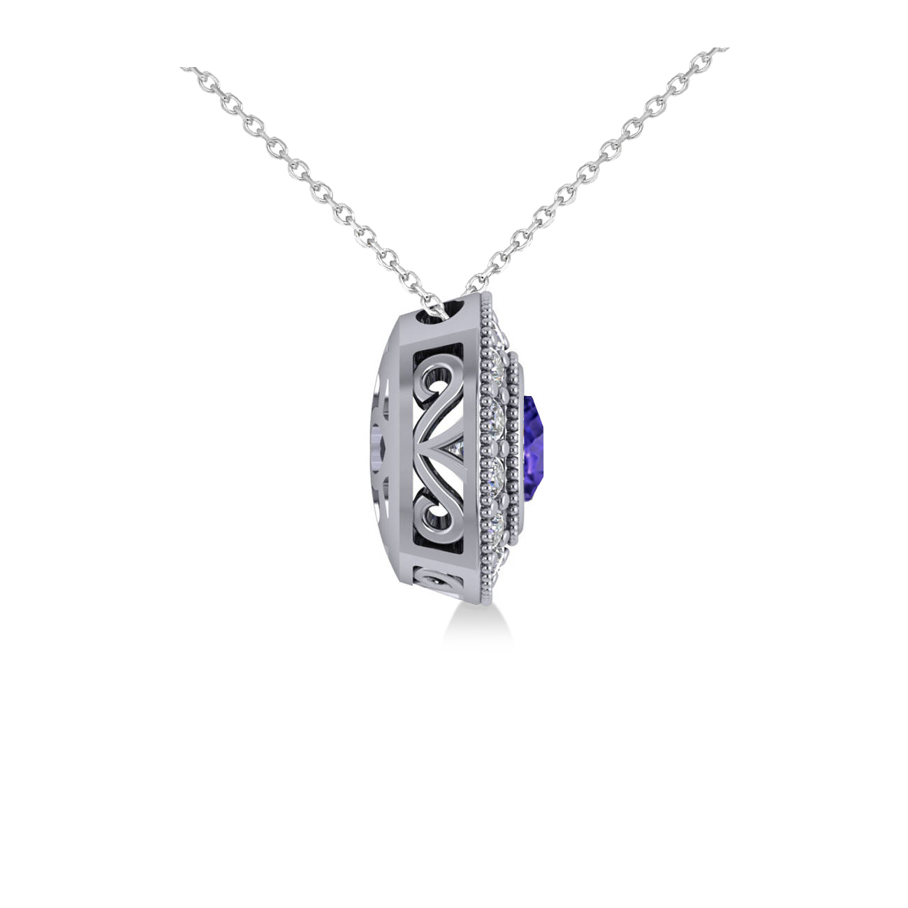 Tanzanite & Diamond Halo Cushion Pendant Necklace 14k White Gold (1.62ct)