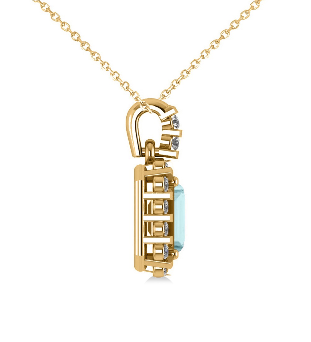 Diamond & Emerald Cut Aquamarine Halo Pendant Necklace 14k Yellow Gold (1.04ct)