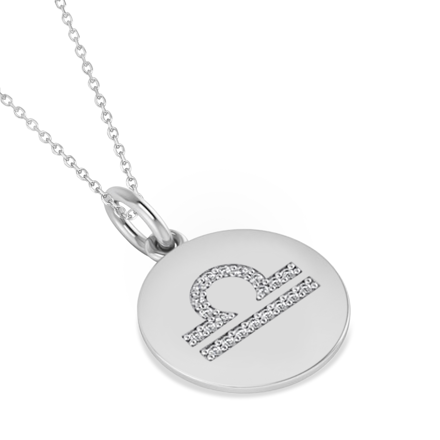 Diamond Libra Zodiac Disk Pendant Necklace 14k White Gold (0.105ct)