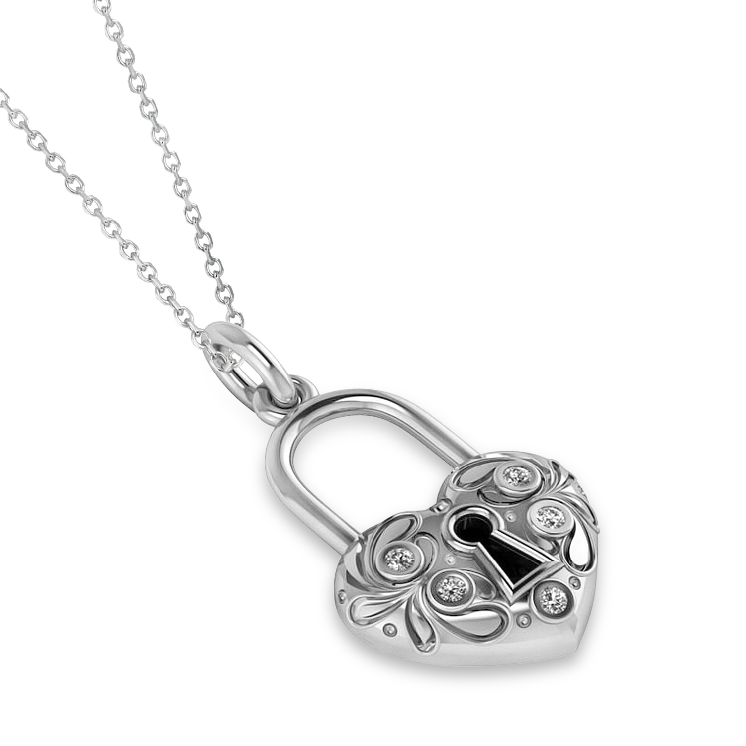 Diamond Heart Lock Pendant Necklace 14k White Gold (0.08ct)